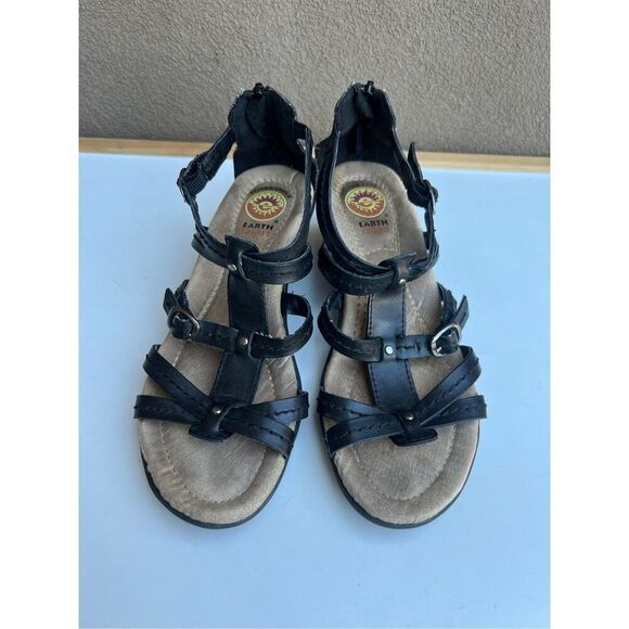 Earth Spirit Sandals Women Size 6 Black Leather Kelly Low Wedge Gladiator Strapp - Picture 8 of 10